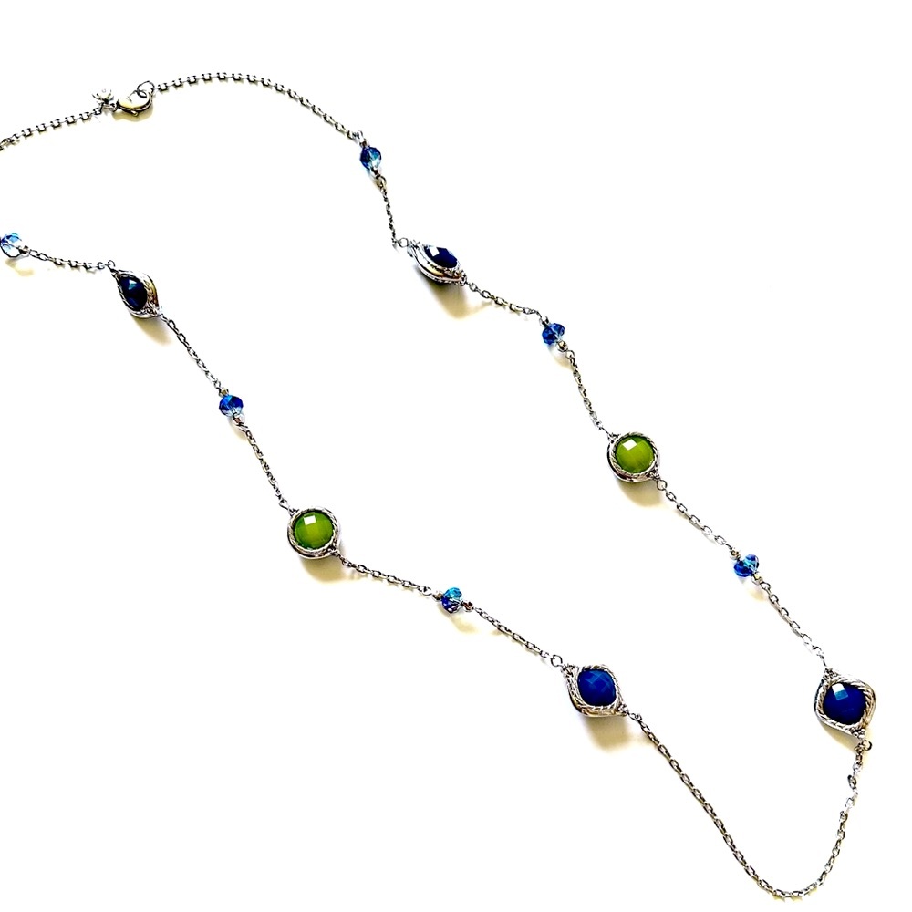 LOFT | Silver-Tone Long Station Necklace with Blue & Green Faceted Beads | NEW - Picture 7 of 8